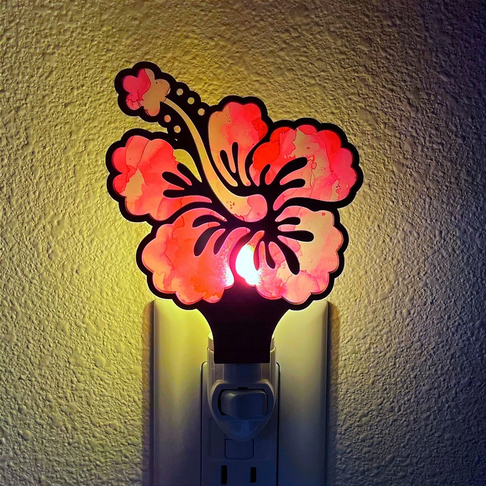 Hibiscus Flower Night Light Pink Tropical Floral Wood Plug In Wall Lamp Decor